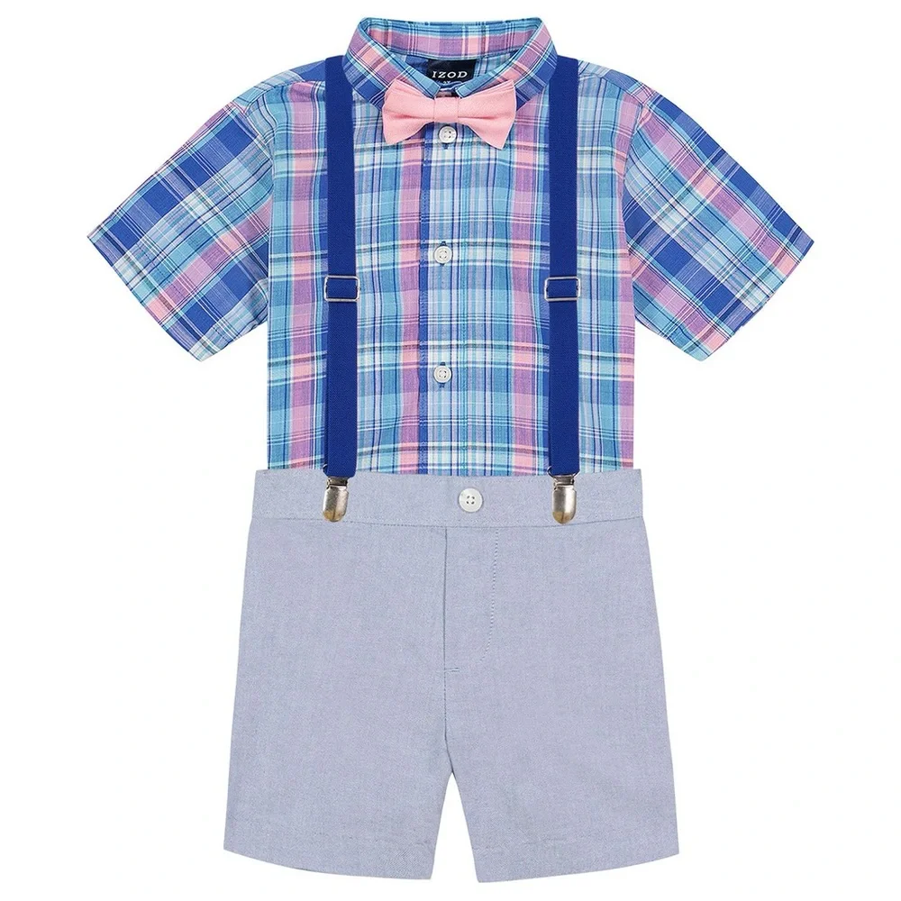 NEW‼️Toddler Boy IZOD 4 Piece Suspenders Shirt Set Cotton Blend Summer F…